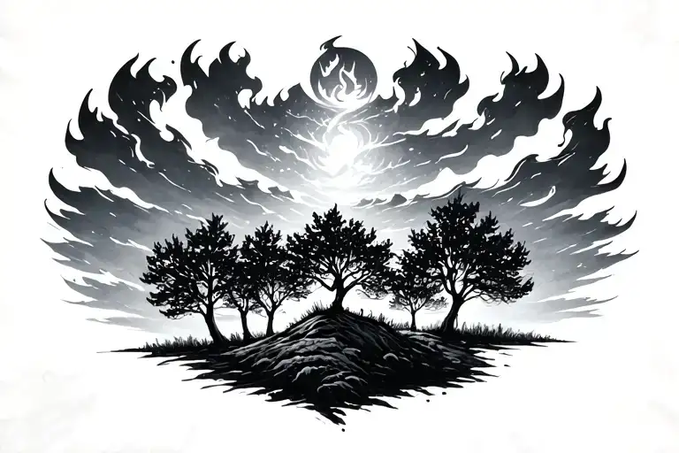 sky above, trees/earth below, fire  tattoo design idea