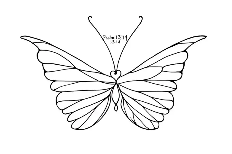 A semicolon where the top and bottom transform into minimalist butterfly wings, with Psalm 139:14 written in a thin, typ tattoo design idea