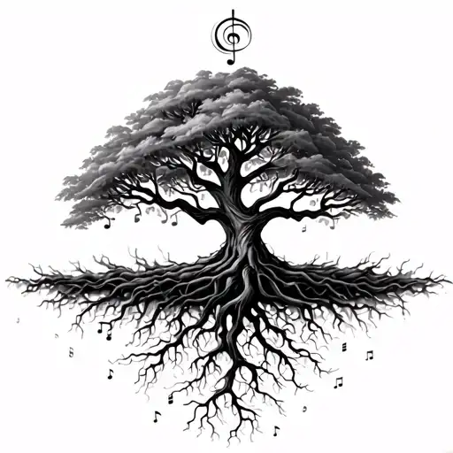 A surreal tattoo design of a tree with roots made of musical notes, symbolizing the connection between life and music tattoo design idea