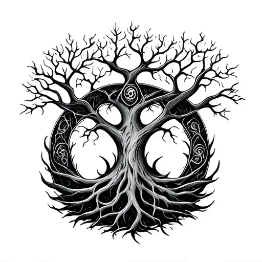 Yggdrasil tattoo in linework style round tattoo design idea