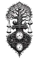 gothic tree of life intertwined with v-twin motor, libra scales and a clock tattoo design idea