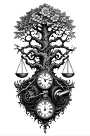 gothic tree of life intertwined with v-twin motor, libra scales and a clock tattoo design idea