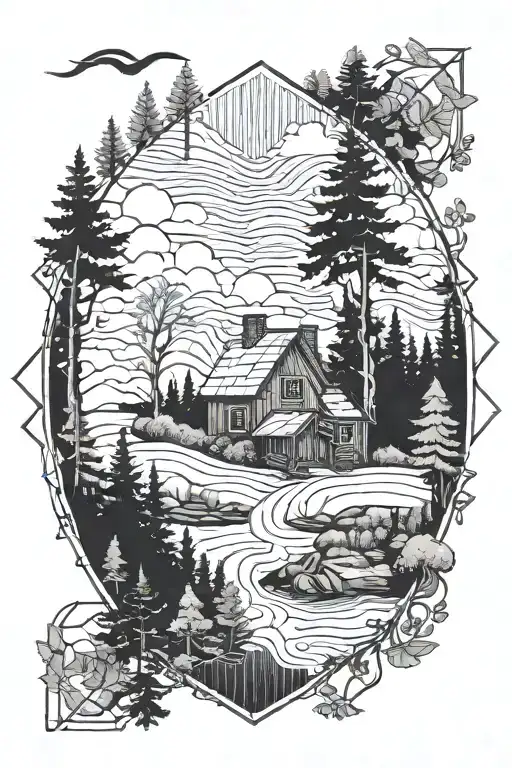 forestvscene with cabin tattoo design idea