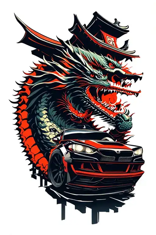 Japanese themed style that includes famous anime characters, JDM cars, mount fuji, torii gates, samurai, dragon/s tattoo design idea
