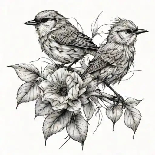 feminine large flowers maybe with a wren or other bird. lighter lines- realism sketch tattoo design idea