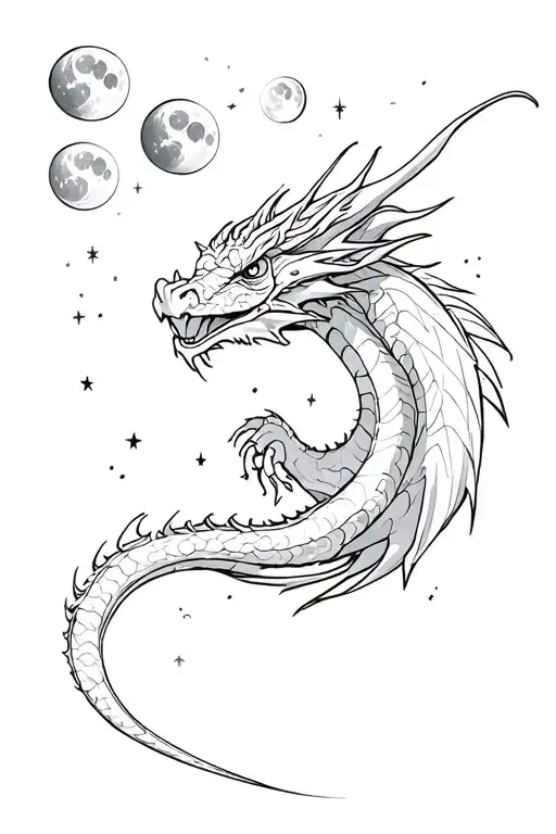 Dragon flying up and above him are 5 moon phases and stars tattoo design idea