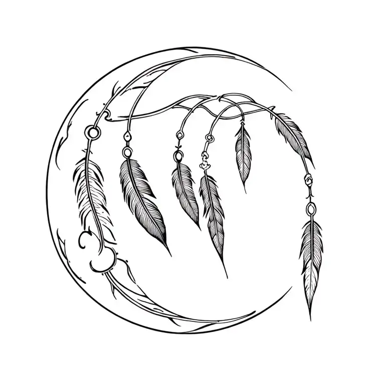 Moon Croissant Polynesian Tattoos Version Dream Catch with five feathers hanging tattoo design idea