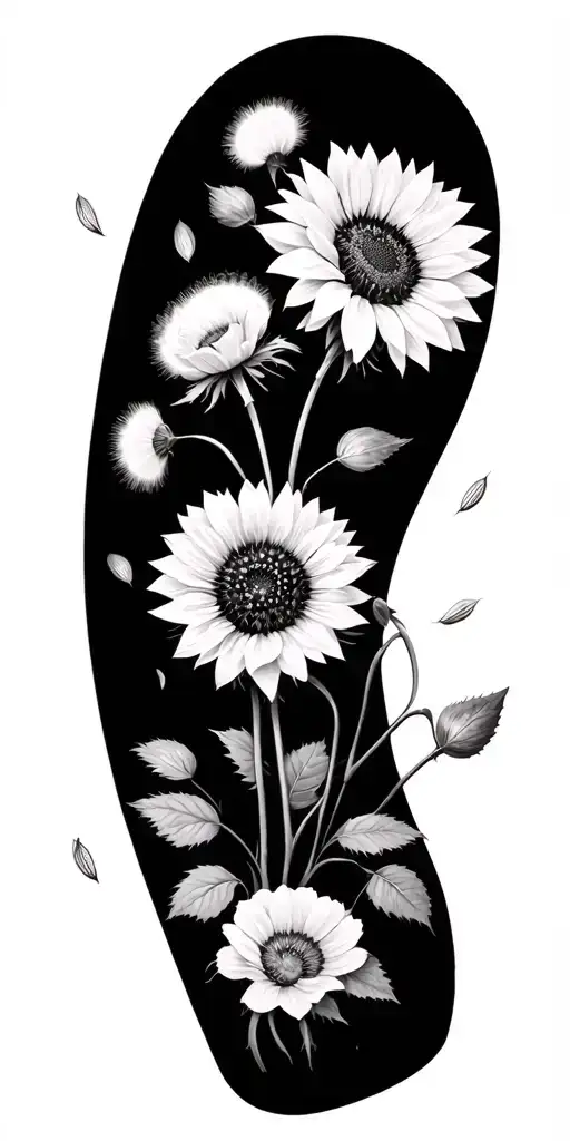 wild flowers, sunflowers, dandelion seeds drifting away transforming to roses tattoo design idea