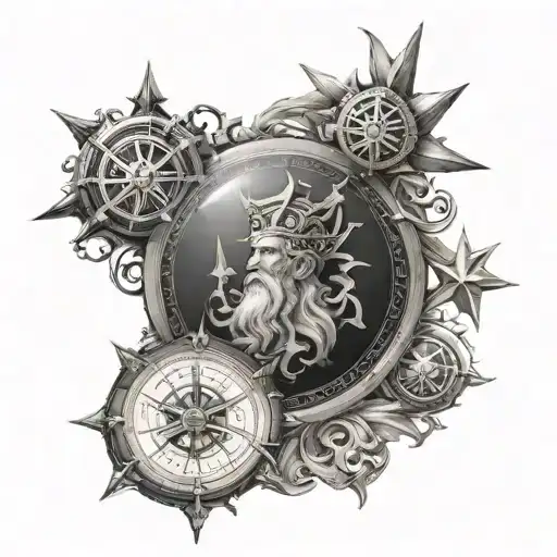 Poseidon, compass, nautical star tattoo design idea