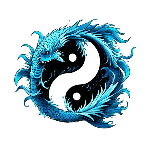 Realistic blue koi dragon tattoo with Japanese waves. Remove the middle yin-yang, move the top yin-yang to the center. S tattoo design idea