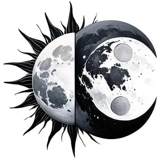 Realistic design of half sun with its rays that is composed with half moon with its craters, without the face tattoo design idea