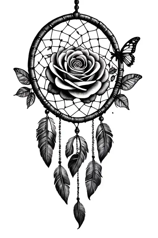 heart shape dream catcher with rose and butterfly emerging tattoo design idea