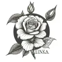 a fine line bouquet of a rose flower with a stem that says “luka” in cursive and an iris flower that says “jenna”  tattoo design idea