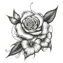 a fine line bouquet of a rose flower with a stem that says “luka” in cursive and an iris flower that says “jenna”  tattoo design idea
