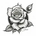 a fine line bouquet of a rose flower with a stem that says “luka” in cursive and an iris flower that says “jenna”  tattoo design idea