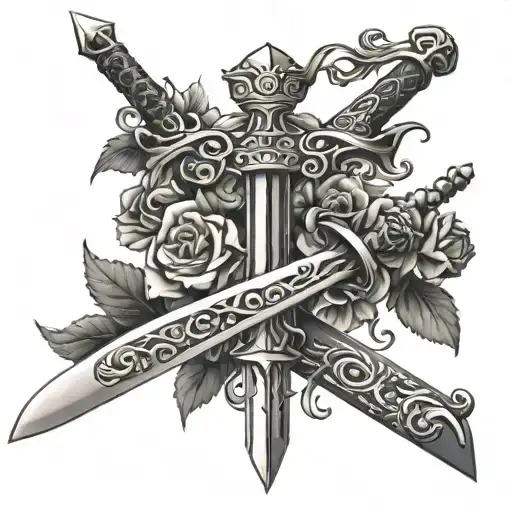 Excalibur sword with flowers intertwined tattoo design idea