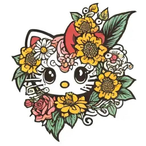 Hello Kitty surrounded by a bouquet of colorful flowers like daisies, roses, or sunflowers tattoo design idea