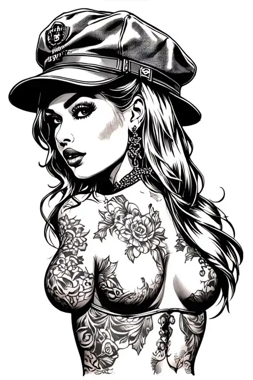 Sexy pin up girl, side profile, full body view, standing, petite, large boobs, Army hat tattoo design idea