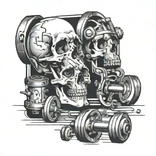skull and gym equipment like dumbbells tattoo design idea