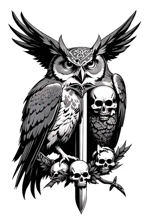 chronos and kairos as owls, sickle, sword, garland of skulls tattoo design idea