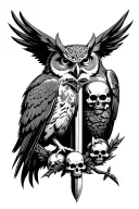 chronos and kairos as owls, sickle, sword, garland of skulls tattoo design idea