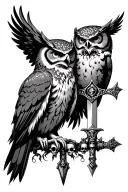 chronos and kairos as owls, sickle, sword, garland of skulls tattoo design idea