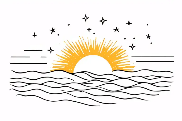 Sunset with waves and stars and lifeline tattoo design idea