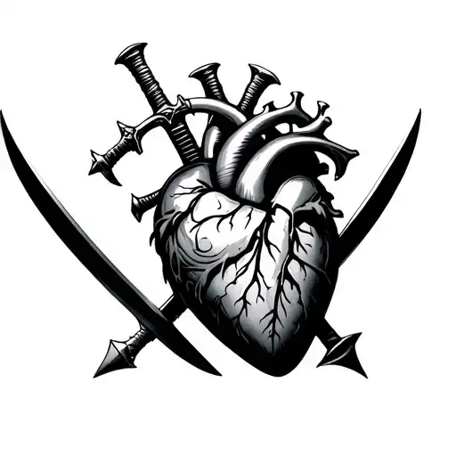Realistic heart with three swords piercing through from the top each sword has a sudden design  tattoo design idea