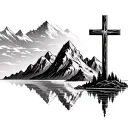 cross and mountains panorama tattoo design idea