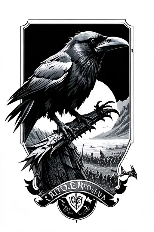 raven overlooking a viking battlefield tattoo design idea