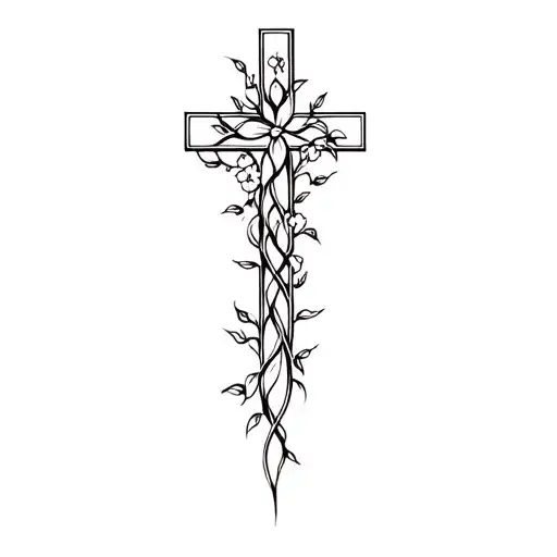 Christian cross with intertwined vines and flowers tattoo design idea