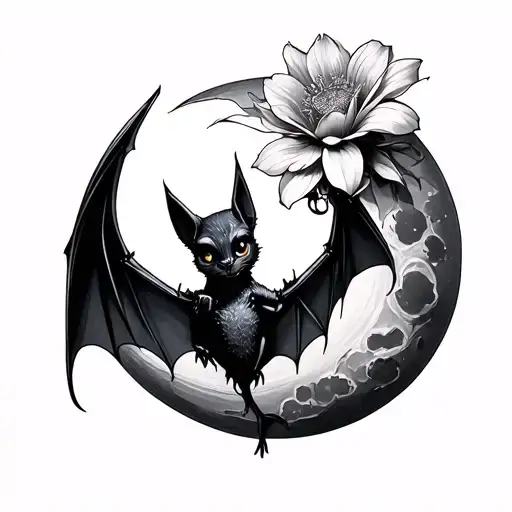 bat hanging on moon with flower tattoo design idea