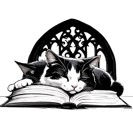 fine line black and white cat sleeping on top of spellbooks, in front of a gothic window at night tattoo design idea