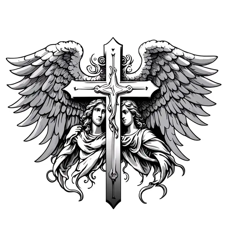 christian cross with angel tattoo design idea