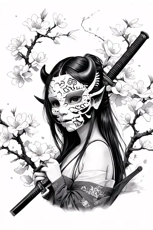 girl with half broken oni mask holding katana surrounded by sakura flowers tattoo design idea