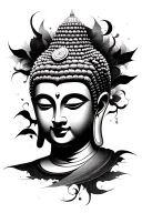 Buddha's face with ancient writing tattoo design idea
