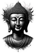 Buddha's face with ancient writing tattoo design idea