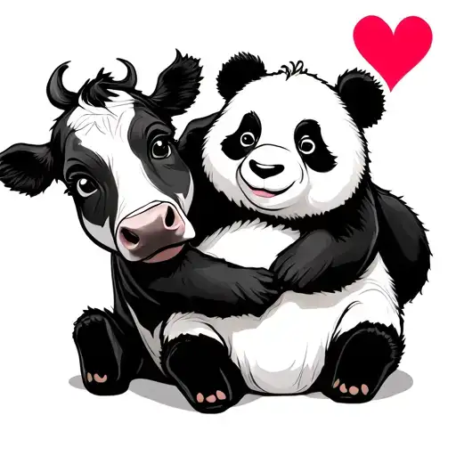 cow hugging a panda with a heart around them  tattoo design idea