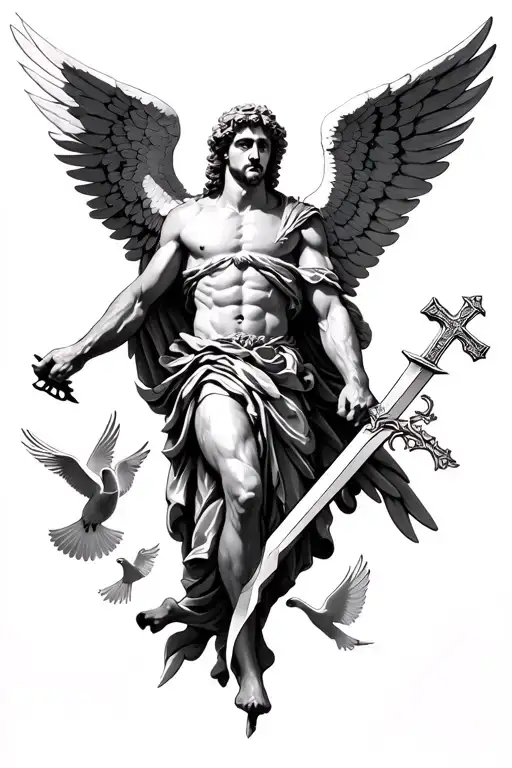 archangel Michael with wings spread with a sword also add a cross and doves tattoo design idea