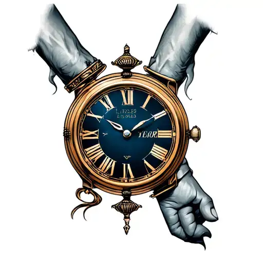 Above the name is Yegor, the hand of the father and son is stinging, then a watch in an old style. Time on the clock - 7.25. Below is the date of birth - 20 tattoo design idea