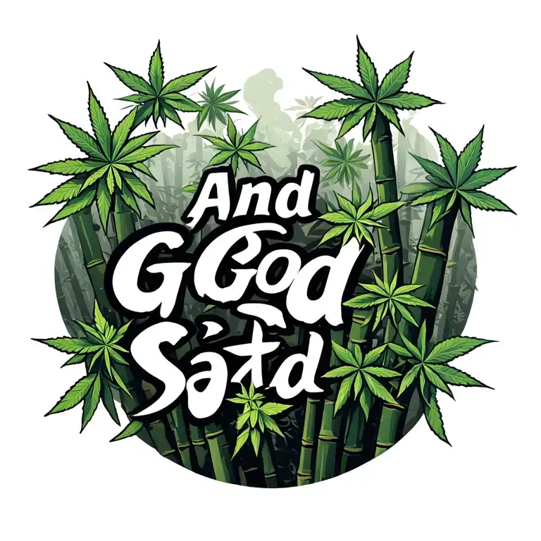 smokey bamboo forest with marijuana leaves growing from bamboo with traditional Japanese lettering saying And God said,  tattoo design idea