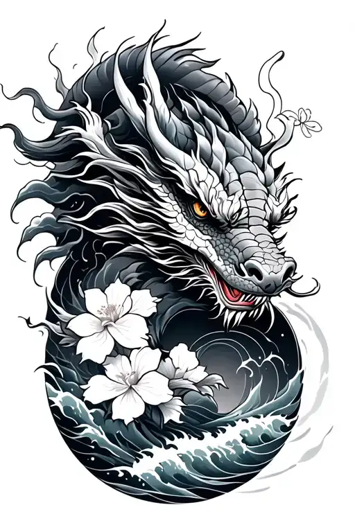 Japanese dragon and waves and sakura tattoo design idea