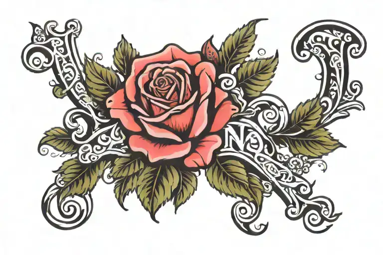 name Marianna with last letter turning into a rose under the name tattoo design idea