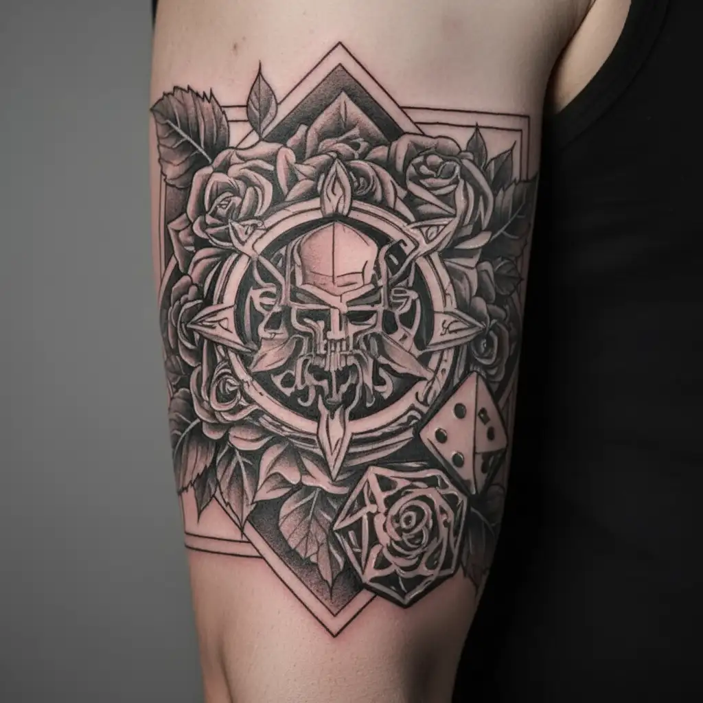 Witcher medallion with roses behind and d&D dice set tattoo design idea