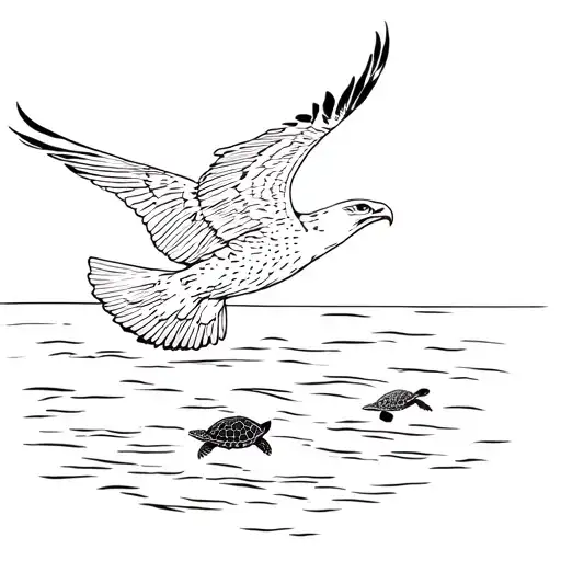 hawk flying above the ocean with seaturtle swimming underneath  tattoo design idea