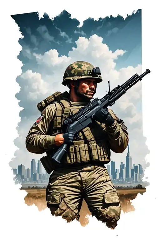  solider holding a rifle, leaving home behing the columbus ohio skyline tattoo design idea