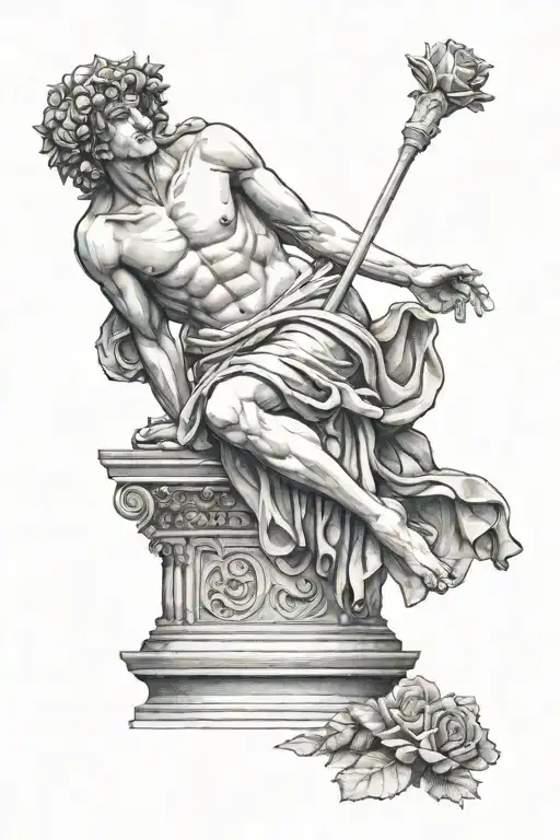 statue behind a Greek monument including a fountain and a rose tattoo design idea