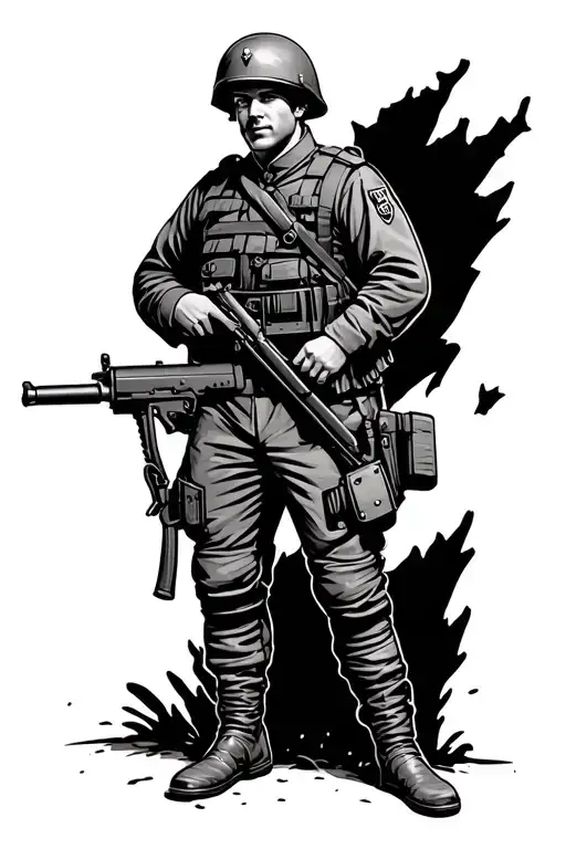 Croatian soldier from 1992 war, wearing authentic military uniform with a helmet, holding a machine gun, standing proud. tattoo design idea