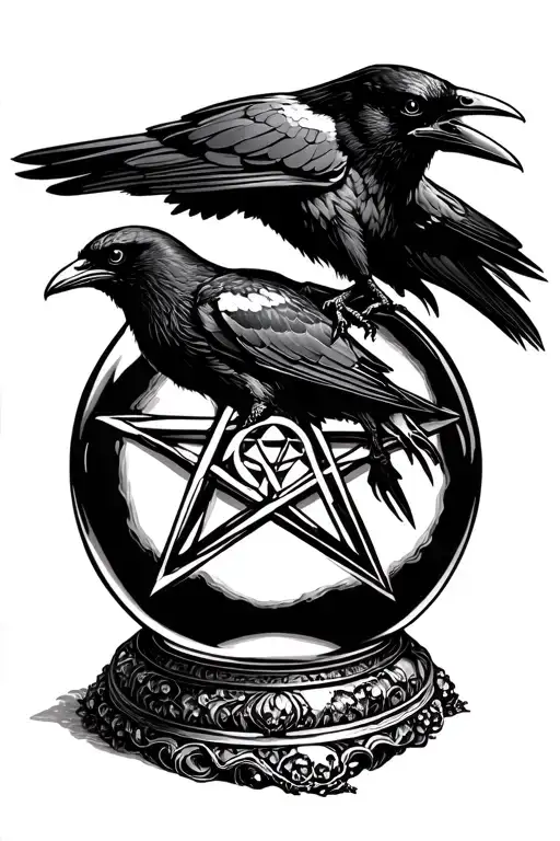 Raven on top of crystal ball with pentagram in crystal ball tattoo design idea