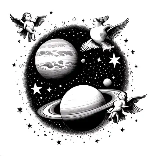 planets and stars with heaven and small angels flying tattoo design idea